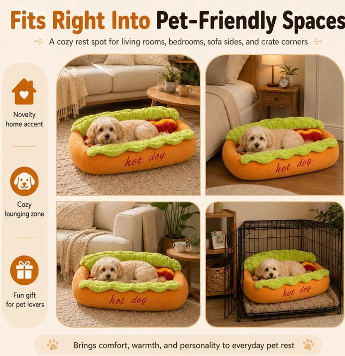 Plush Hot Dog Pet Bed – Soft Corduroy Bed for Small Dogs, Dachshunds, Cats & Puppies
