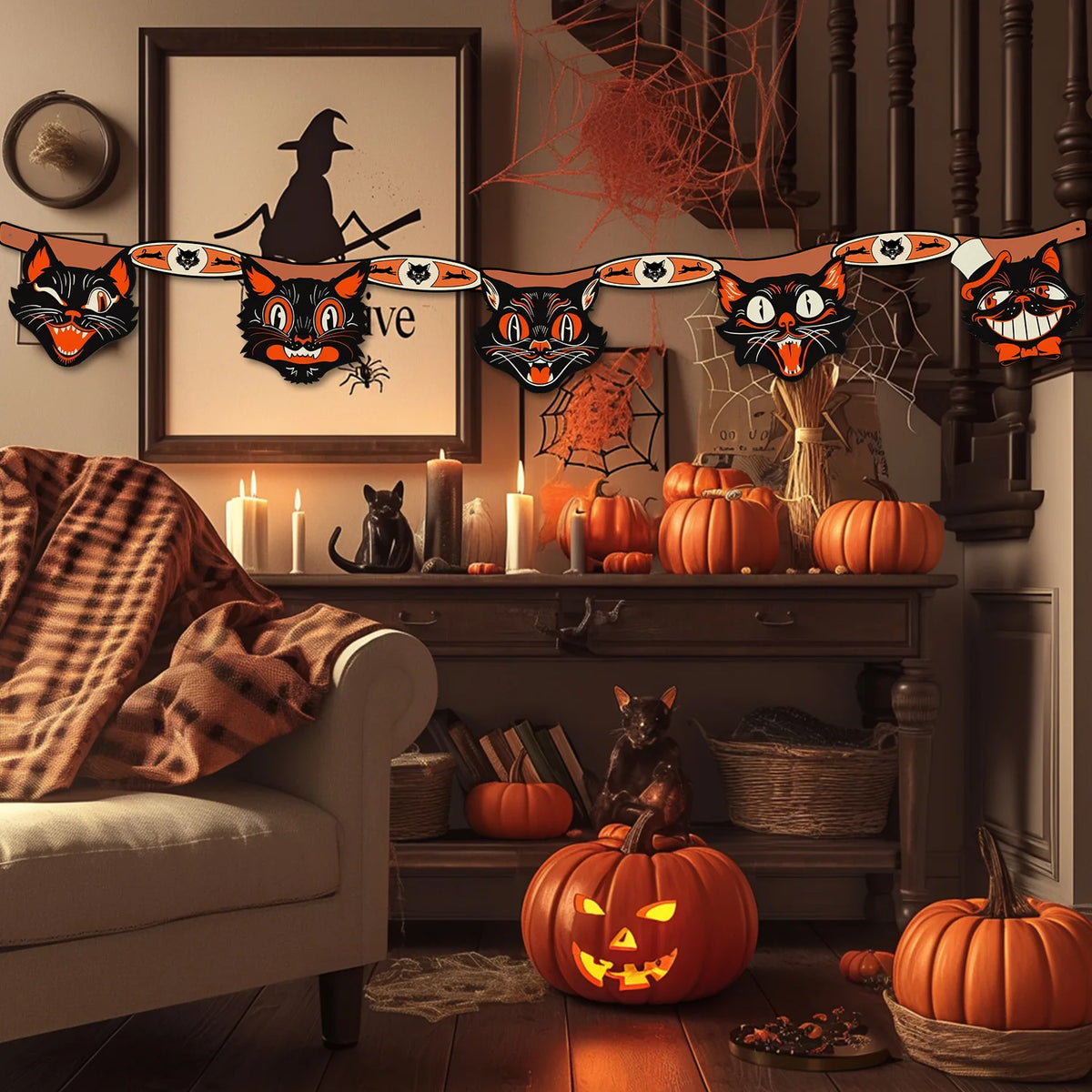 Vintage Black Cat Halloween Party Decoration Banner 🐱