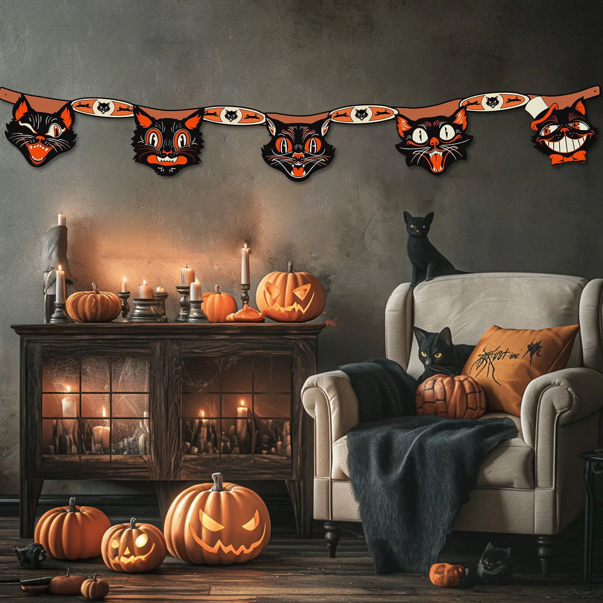Vintage Black Cat Halloween Party Decoration Banner 🐱