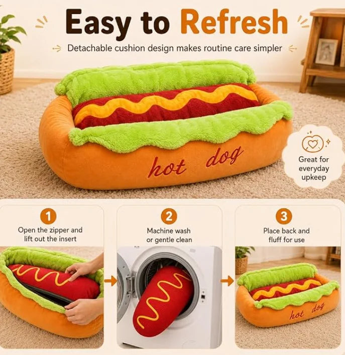 Plush Hot Dog Pet Bed – Soft Corduroy Bed for Small Dogs, Dachshunds, Cats & Puppies