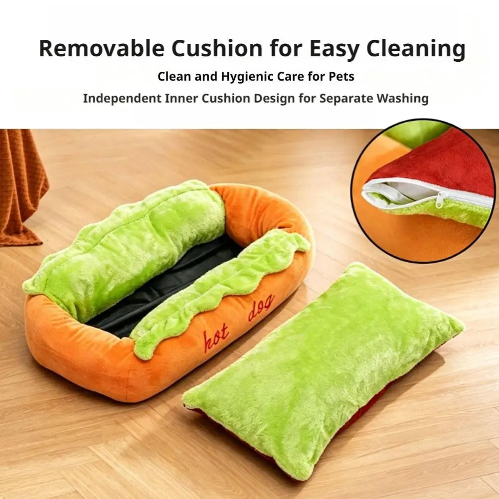 Plush Hot Dog Pet Bed – Soft Corduroy Bed for Small Dogs, Dachshunds, Cats & Puppies