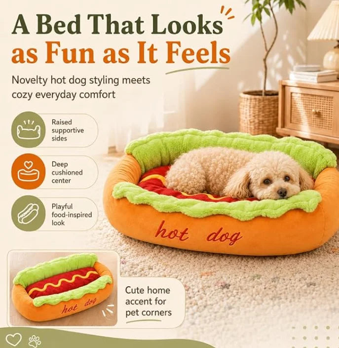 Plush Hot Dog Pet Bed – Soft Corduroy Bed for Small Dogs, Dachshunds, Cats & Puppies
