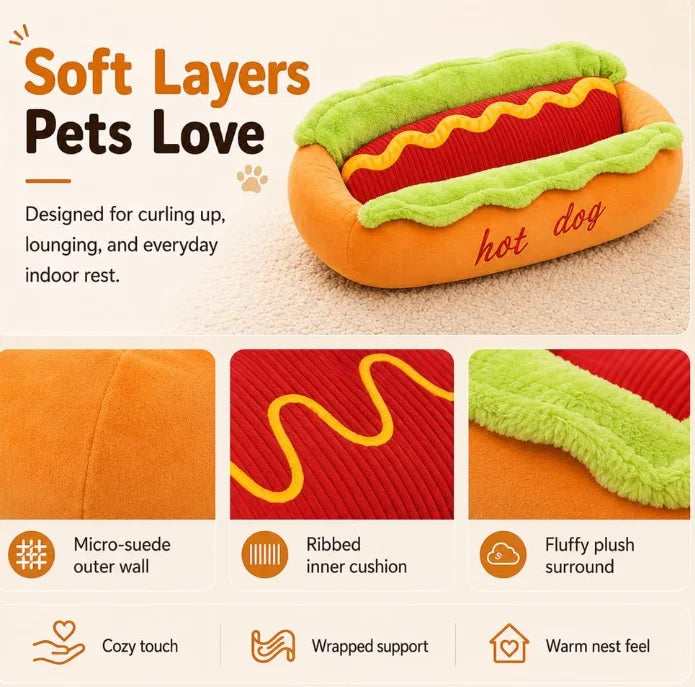 Plush Hot Dog Pet Bed – Soft Corduroy Bed for Small Dogs, Dachshunds, Cats & Puppies